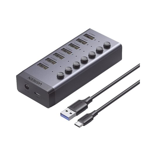 90305|HUB de 7 Puertos USB 3.0 / 4 puertos de Carga Inteligente / Interruptor Individual / Indicadores LED / USB 3.0 a 5Gbps / 1 USB-C Hembra (solo datos) / Incluye Adaptador de Corriente 12V 2A / 7 en 1