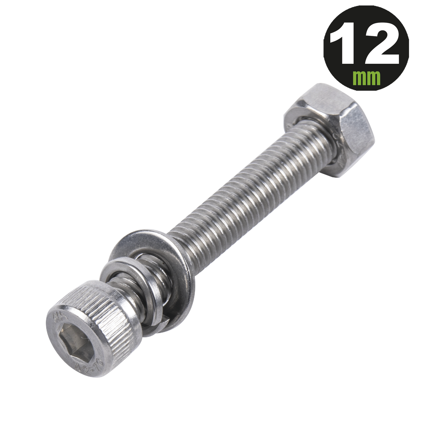 950-5080-124|1 Tornillo Allen Milimétrico de Acero Inoxidable M8-1.25 x 12/ Con 1 Tuerca, 1 Arandela de Presión y 1 Plana / Para Montajes de Módulos Foto Voltaicos .