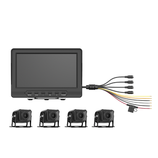 AE-VD2501A-A|Sistema de Monitoreo Local / 4 Cámaras 1080p para Exterior (IP68) y Pantalla LCD de 7" a Color / Memoria Micro SD de 64 GB (Expandible a 512 GB) / Soporta Cambio de Cámara al Dar Reversa al Vehiculo / Accesorios de Instalación