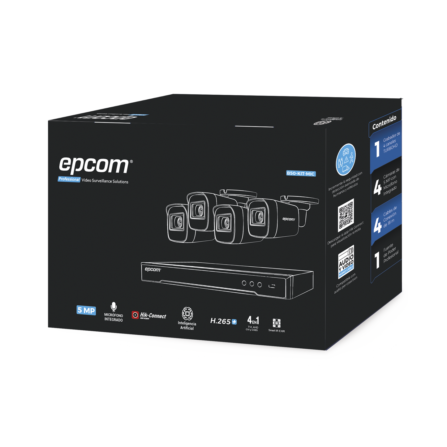 B50-KIT-MIC|Kit TURBOHD 5 Megapixel / DVR 4 Canales / 4 C?ímaras de 5 Megapixel con Micr??fono Integrado / 4 Cables 18 Metros / Fuente de Poder Profesional