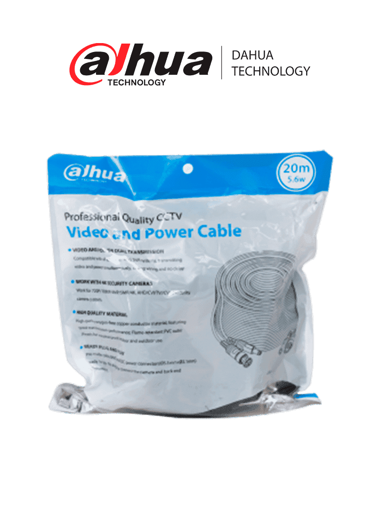 DAHUA DH-PFM942I-20-5 - Cable de 20 Metros Armado para Video y Energía/ Para Camaras Hasta 4k/ con Conectores BNC y de Energía/ Uso Exterior e Interior/ Cobre de Alta Pureza/ Soporta: AHD/CVI/TVI/CVBS/