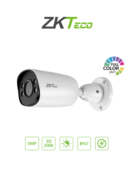ZKTECO BS855P12CS7CMI - C?ímara IP Bullet Full Color 5MP / Compresi??n H.265 / Lente 3.6 mm / Alcance IR 20mts / Detecci??n Facial / Micr??fono Integrado / Carcasa met?ílica / PoE / IP67 / P2P
