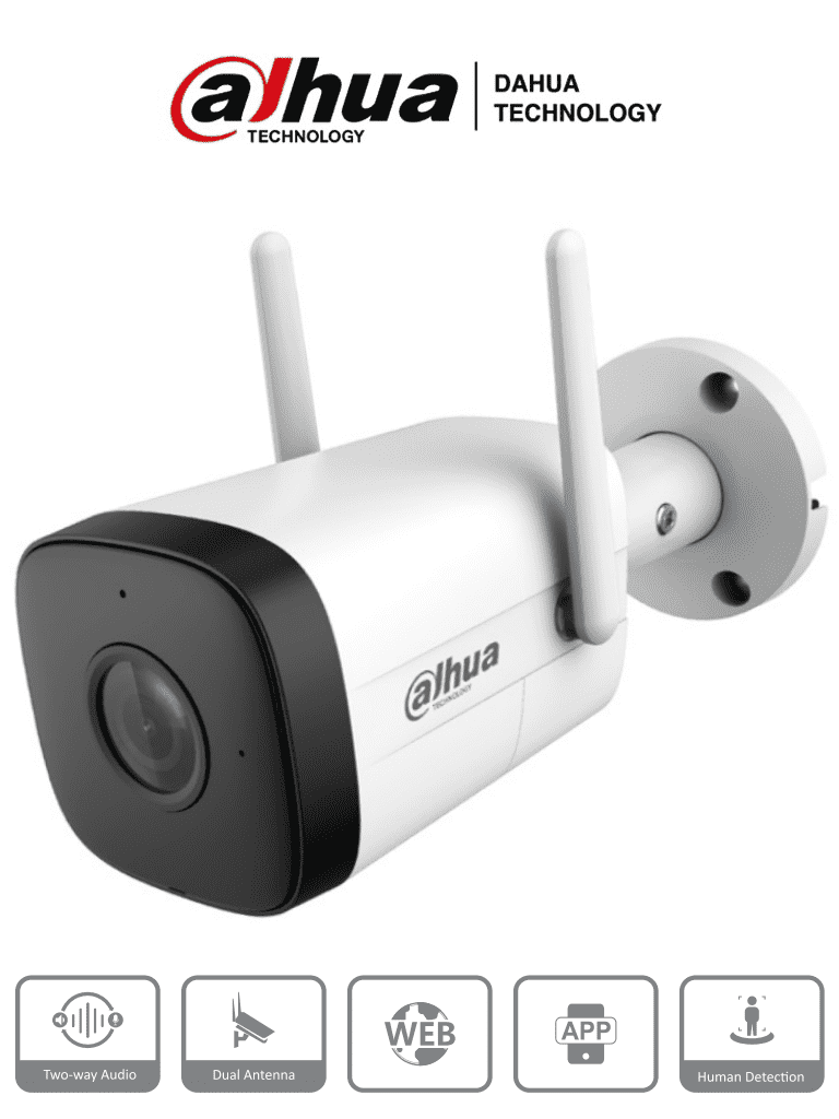DAHUA IPC-HFW1230DT-STW  - Camara IP Bullet Wifi de 2 Megapixeles/ Lente de 2.8 mm/ 100 Grados de Apertura/ IR de 30 Metros/ H.265/ Microfono y Altavoz Integrados/ Ranura MicroSD/ IP67/ Detecci??n de Humanos/