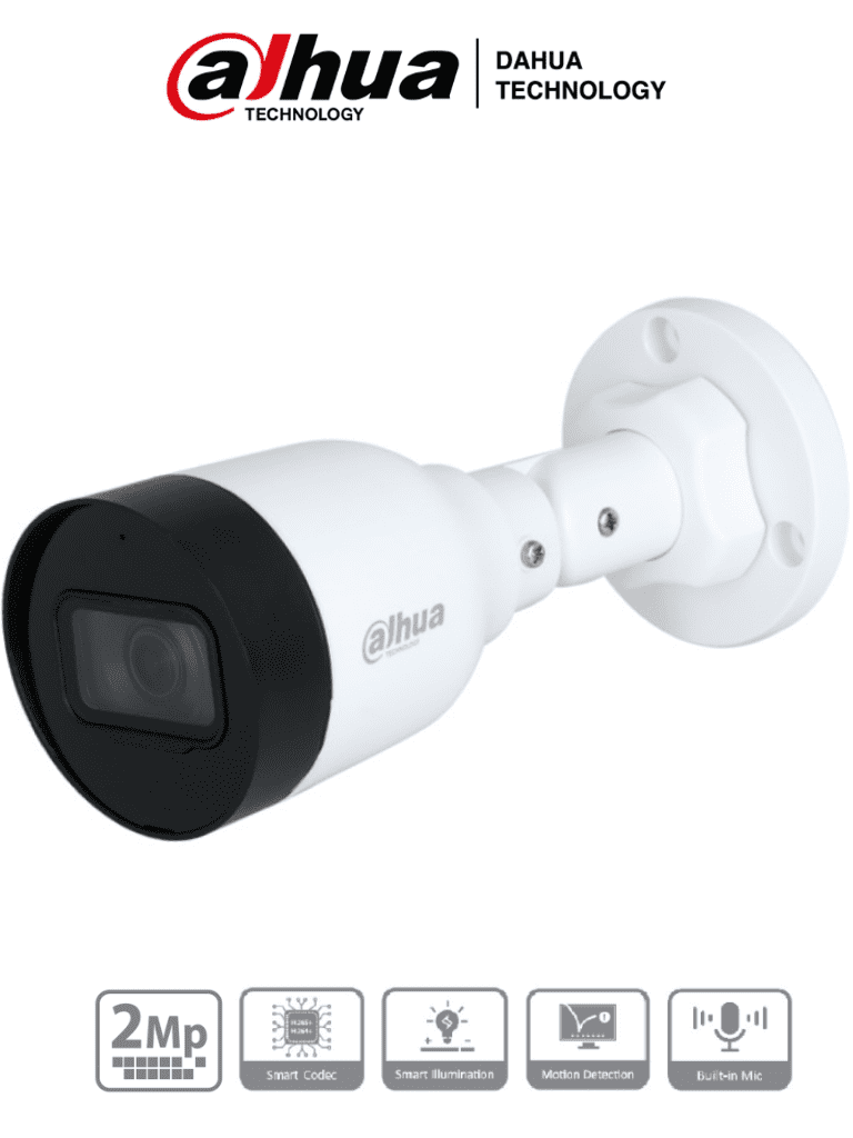 DAHUA IPC-HFW1230S1-A-S5 - Camara IP Bullet de 2 Megapixeles/ Lente de 2.8mm/ 102 Grados de Apertura/ Micr??fono Integrado/ H.265+/  IR de 30 Metros/ IP67/ PoE/ DWDR/