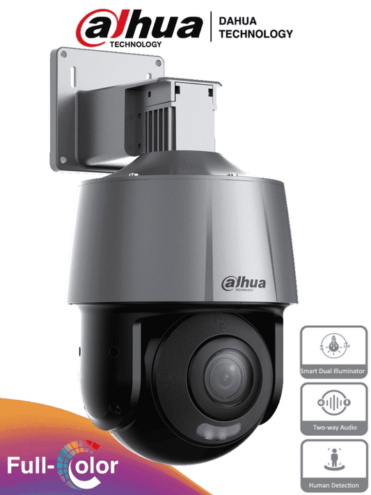 DAHUA SD3A400-GN-A-PV - Camara IP PT de 4 Megapixeles Full Color/ Disuasi??n Activa/ Lente Fijo/ Luz Blanca de 30 Metros/ IR de 30 Metros/ H.265+/ Ranura MicroSD/ Audio Bidireccional con Altavoz Integrado/ IP66/ PoE/