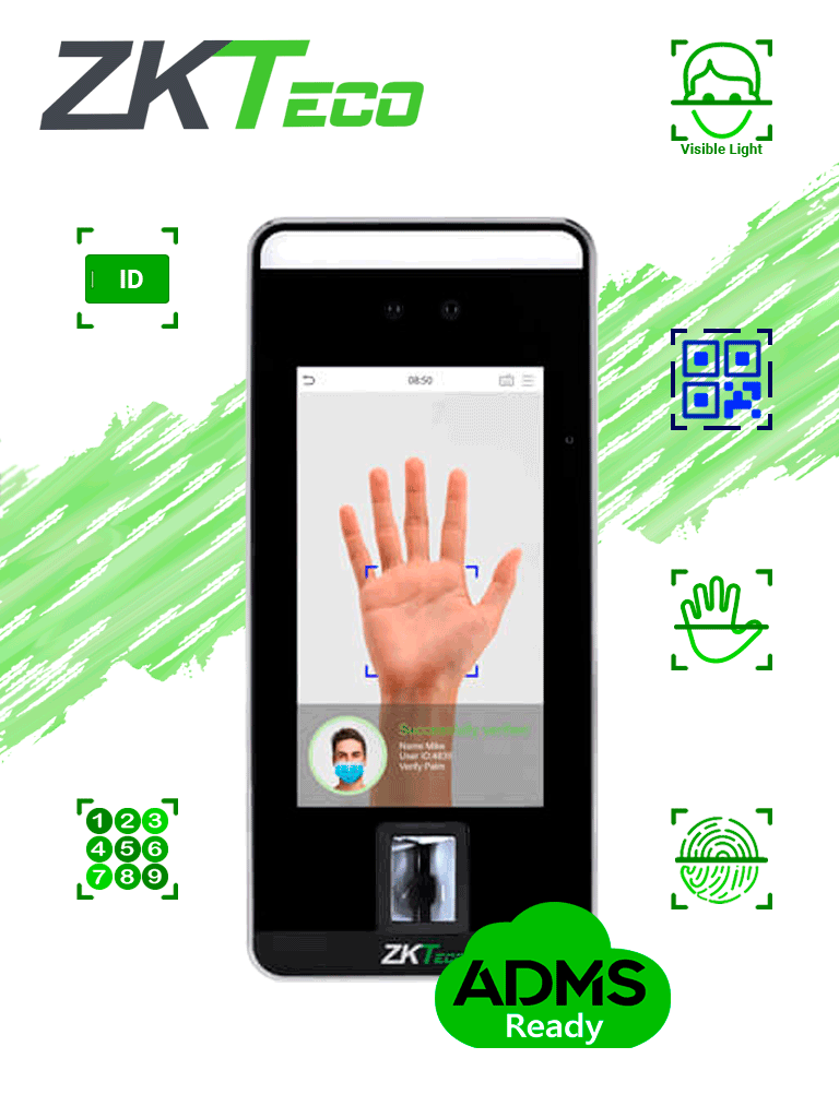 ZKTECO SPEEDFACEV5LP - Control de Acceso y Asistencia Facial Visible Light / 6000 Rostros / 3000 palmas / 6000 huellas / 10000 Tarjetas ID 125Khz / 200000 eventos / Verificaci??n por c??digo QR
