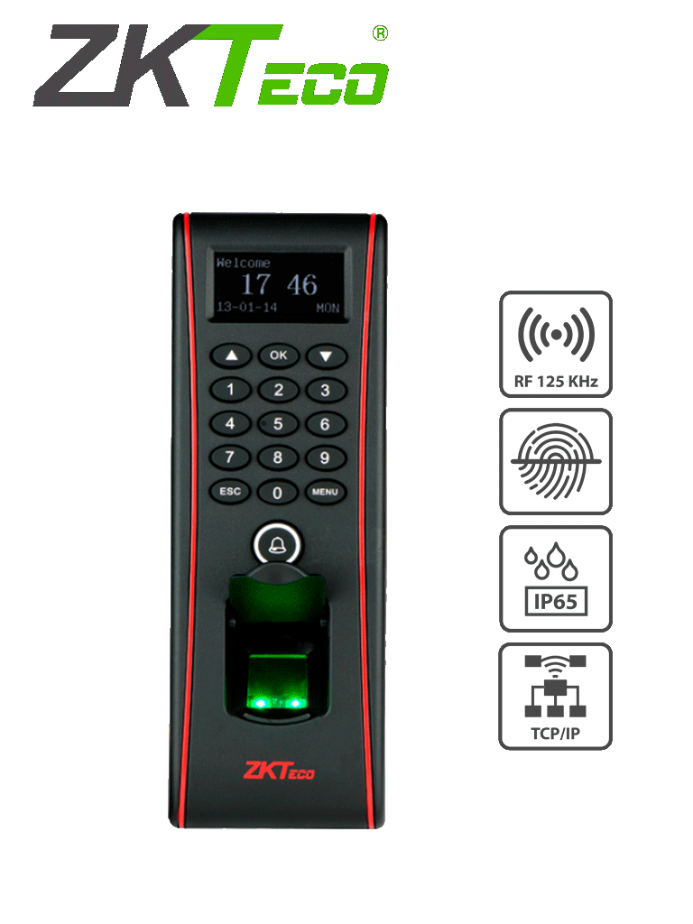 ZKTECO TF1700 - Control de Acceso Exterior de Huella, Tarjeta y Contraseña / Soporta 3000 Huellas / 10000 Tarjetas RFID 125 khz / Almacena 30000 Registros / Conexión TCPIP / USB / Compatible con Software ZK Access 3.5