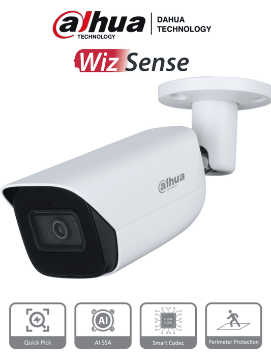 DAHUA IPC-HFW3441E-AS-S2 - Camara IP Bullet de 4 Megap?¡xeles con IA/ WizSense/ Lente de 2.8mm/ 107 Grados de Apertura/ Microfono Integrado/ IR de 50 Metros/ 1 E&S de Alarmas y Audio/ SMD 4.0/ AI SSA/ Ranura MicroSD/ IP67/ PoE/ WDR Real/