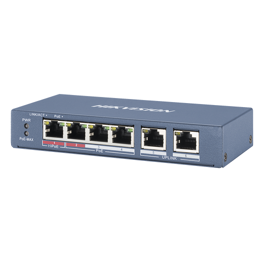 DS-3E0106HP-E|Switch PoE+ / No Administrable / 3 Puertos 10/100 Mbps 802.3 af/at (30 W) + 1 Puerto 100 Mbps Hi-PoE (60 W) / 2 Puertos 10/100 Mbps Uplink / 250 Metros PoE Larga Distancia / 60 W
