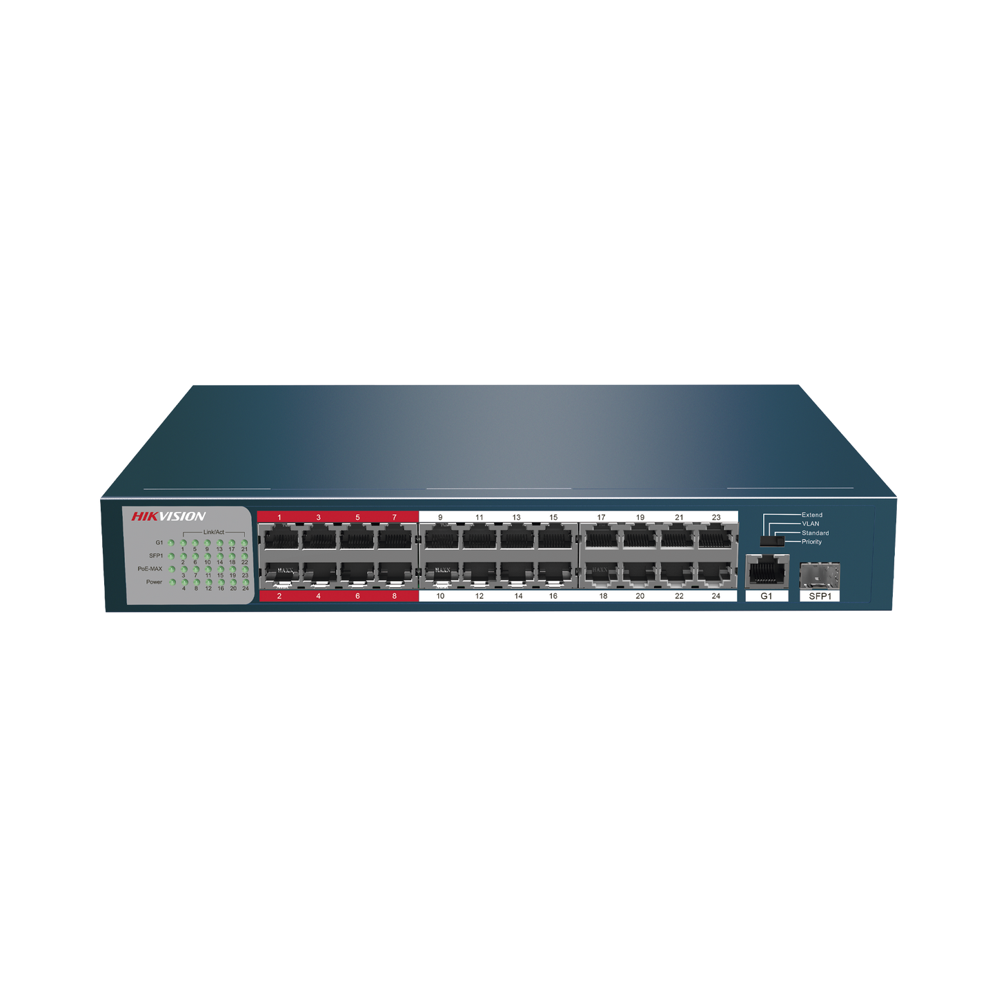 DS-3E0326P-E/M(B)|Switch PoE+ / No Administrable / 24 Puertos 10/100 Mbps PoE+ / 1 Puerto 10/100/1000 Mbps + 1 Puerto SFP Uplink / PoE hasta 250 metros / 230 W