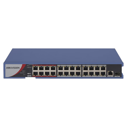 DS-3E0326P-E/M(B)|Switch PoE+ / No Administrable / 24 Puertos 10/100 Mbps PoE+ / 1 Puerto 1000 Mbps / 1 Puerto SFP Uplink / Modo Extendido hasta 300 Metros / 230 W