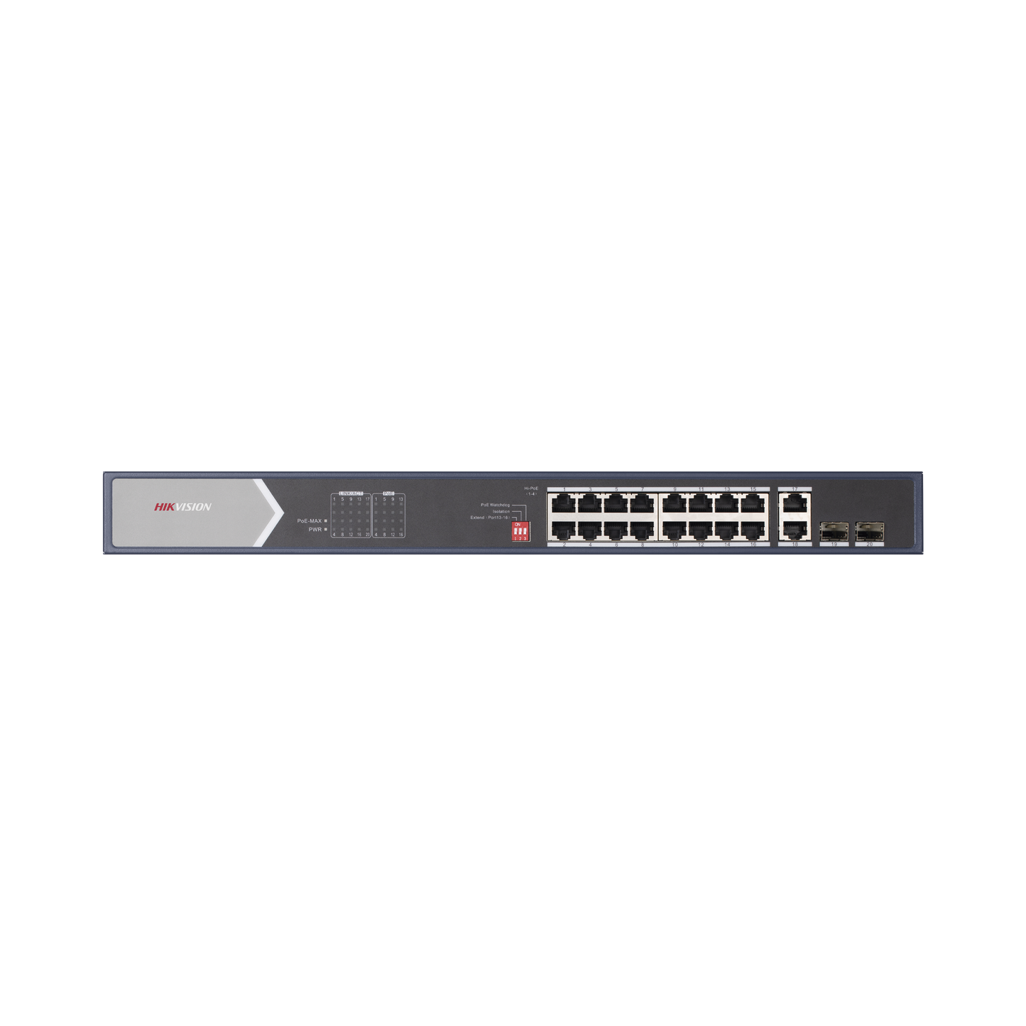 DS-3E0520HP-E|Switch PoE+ / No Administrable / 12 puertos 10/100 Mbps PoE+(30 W) + 4 puertos 10/100 Mbps PoE++(90 W) / 2 puertos 10/100/1000 Mbps + 2 puertos SFP de Uplink / PoE hasta 250 metros / 225 W