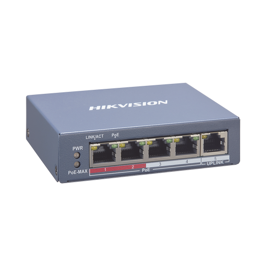 DS-3E1105P-EI|Switch Monitoreable PoE+ / 4 puertos 10/100 Mbps PoE+ / 1 puerto RJ45 Uplink / PoE Hasta 250 Metros / 60 W / Conexi??n Remota desde Hik-PartnerPro