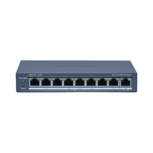DS-3E1309P-EI/M|Switch PoE+ / Monitoreable / 8 Puertos 100 Mbps PoE+ / 1 Puerto 1000 Mbps Uplink / PoE hasta 300 metros / Conexión Remota desde Hik-PartnerPro / 60 W