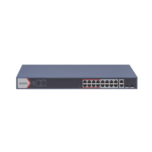 DS-3E1318P-EI(B)|Switch Monitoreable PoE+ / 16 puertos 100 Mbps PoE+ / 2 Puertos 1000 Mbps Uplink + 2 Puertos SFP de Uplink / PoE hasta 300 Metros / Conexión Remota desde Hik-PartnerPro / 230 Watts