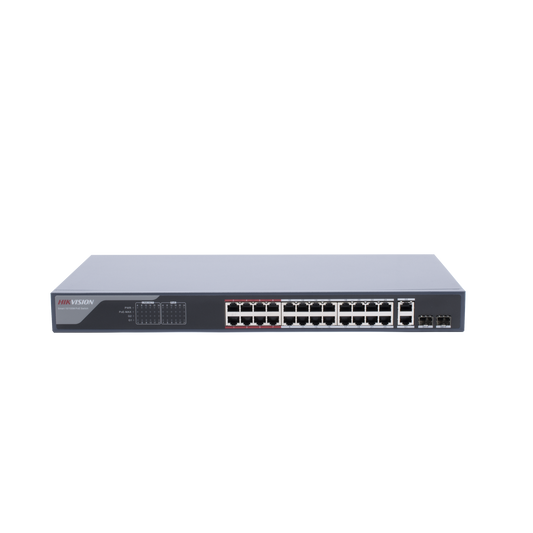 DS-3E1326P-EI|Switch Monitoreable PoE+ / 24 puertos 10/100 Mbps PoE+ / 2 puertos 10/100/1000 Mbps + 2 puertos SFP de Uplink / PoE hasta 250 metros / conexi??n remota desde Hik-PartnerPro / 370 W