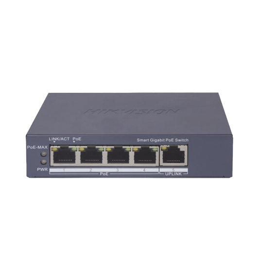 DS-3E1505P-EI|Switch Gigabit PoE+ / Administrable / 4 Puertos 1000 Mbps PoE+ / 1 Puerto 1000 Mbps Uplink / Configuración Nube Hik-PartnerPro / Modo Extendido hasta 300 Metros / 60 Watts
