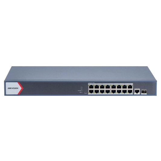 DS-3E1518P-EI|Switch Gigabit PoE+ / Administrable / 16 Puertos 1000 Mbps PoE+ / 1 Puerto 1000 Mbps de Uplink / 1 Puerto SFP / Configuración Remota desde Hik-PartnerPro / Modo Extendido hasta 300 Metros / 130 Watts