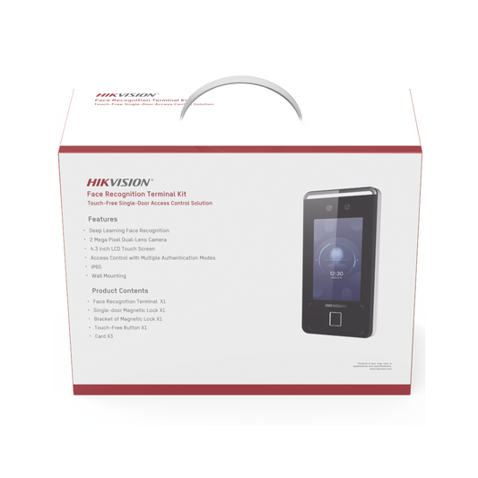 DS-KAS541|Kit de Control de Acceso TODO INCLUIDO con Lector de Rostros, QRs , Tarjetas y Huellas / 3,000 Rostros / Compatible con App Hik-Connect / Videoportero / Incluye Electroimán Botón de Salida y Montajes Z y L para imán / HIK-IA