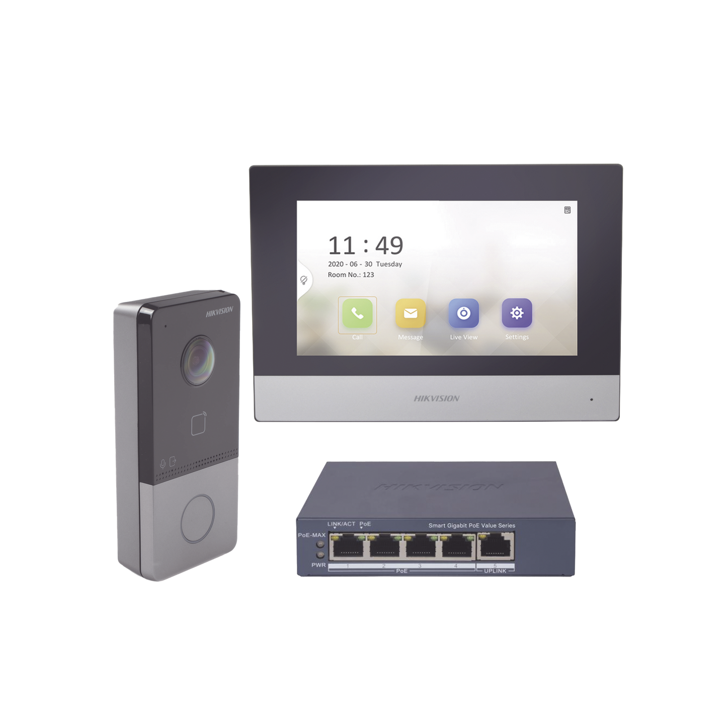 DS-KIS603-P/S|Kit de Videoportero IP + Switch Poe Poe Estandar con llamada a App de Smartphone (HikConnect) / Apertura con tarjeta MIFARE / Frente de calle IP65 / Soporta 1 Departamento
