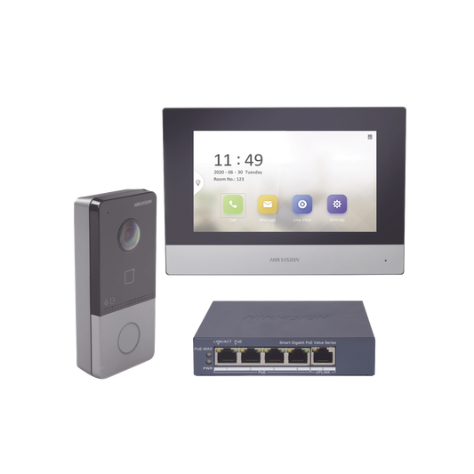 DS-KIS603-P/S|Kit de Videoportero IP + Switch Poe Poe Estandar con llamada a App de Smartphone (HikConnect) / Apertura con tarjeta MIFARE / Frente de calle IP65 / Soporta 1 Departamento