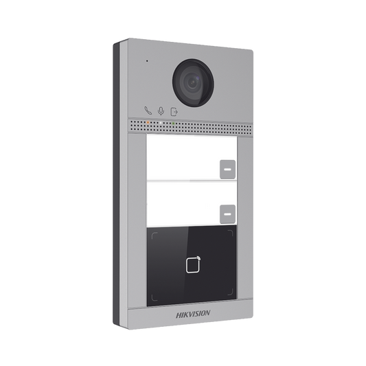 DS-KV8213-WME1(C)|Videoportero IP 2 Megapixel / Llamada y Apertura Remota desde App Hik-Connect (requiere monitor) / PoE / Exterior IP65 + Antivandalico IK08 / 2 Departamentos / Apertura con Tarjeta / Soporta 2 Puertas y hasta 6 Monitores
