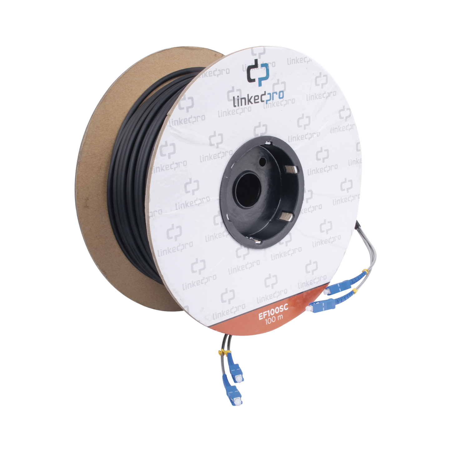 EF-100-SC|Carrete de Fibra ?ôptica Monomodo con conectores SC-SC Duplex, Reforzada con Kevlar, de 100 metros