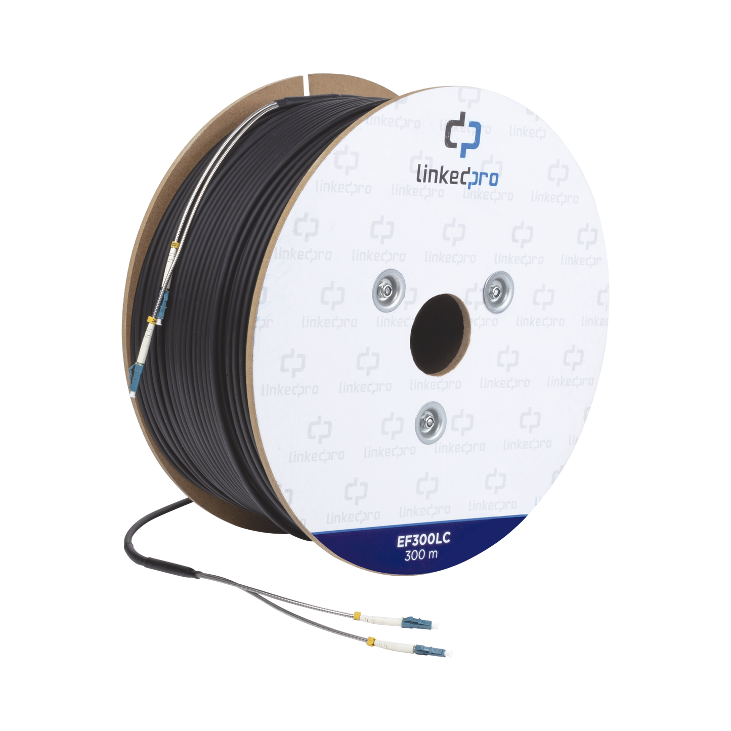 EF-300-LC|Carrete de Fibra Óptica Monomodo con conectores LC-LC Duplex, Reforzada con Kevlar, de 300 metros, Para instalaciones subterráneas por tubería