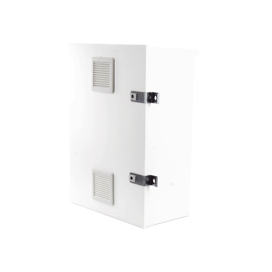 EI-PCB-04-07-03-W3V|Gabinete para instalación de 2 Baterías PL110D12, Fabricado en Lámina Galvanizada, Accesorios para piso o poste (No incluidos)