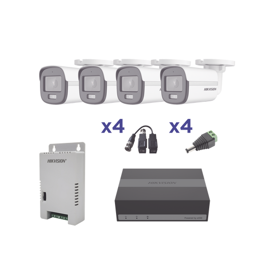 EKH1080PL4BC|KIT COLORVU TURBOHD 1080p Lite, DVR 4 Canales con almacenamiento 300GB(eSSD), 4 Camaras Bala ColorVu con Microfono/ Transceptores, Conectores, Fuente de Poder Profesional