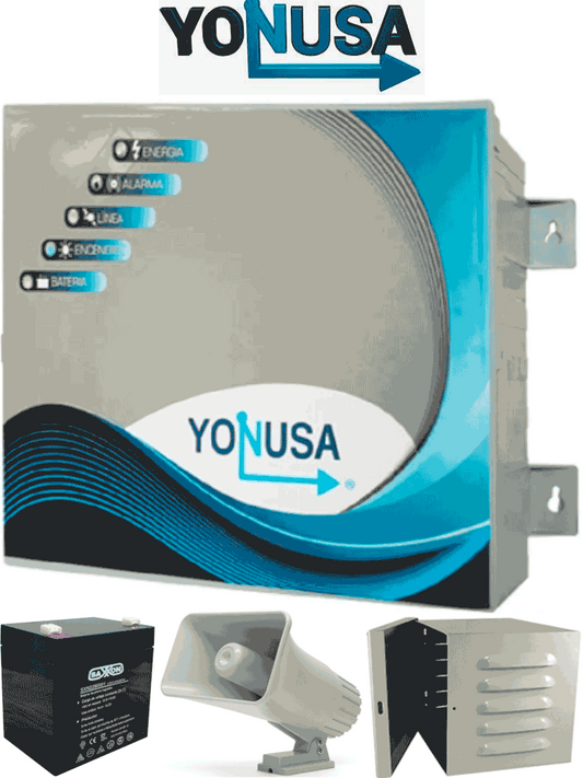 YONUSA EY10000127AFBAT - Paquete de energizador anti plantas o alta frecuencia de 10,00V con hasta 10,000 mts lineales, incluye bater?¡a de respaldo de 12VDC a 4.5 AH, sirena de 30W y gabinete met?ílico