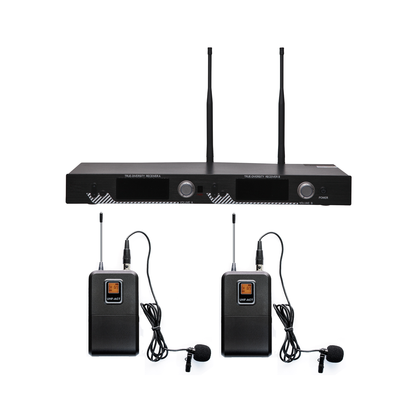 EP521UL|Kit de Microfonía inalámbrico | 2 Micrófonos de Lavalier | Receptor UHF | Pantalla LCD | 200 Canales | Gran cobertura