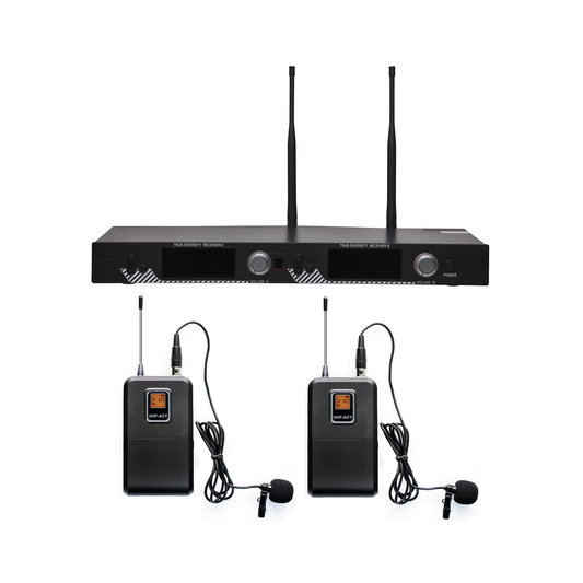 EP521UL|Kit de Microfonía inalámbrico | 2 Micrófonos de Lavalier | Receptor UHF | Pantalla LCD | 200 Canales | Gran cobertura