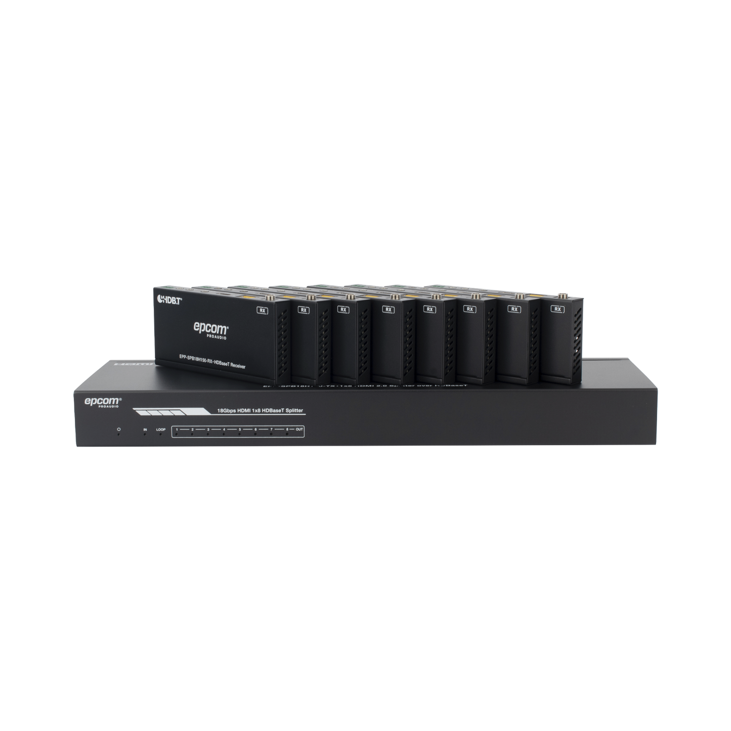 EPP-SPB18H150|Splitter mas Extensor de Video | 1x8?á| ProAV | HDBaseTÔäó | 120m en 4K@60Hz | 150m en 1080p@60Hz | Cat6/6a/7 | Gesti??n Avanzada EDID | Control IR y RS232 | PoC |?áSalida de Audio