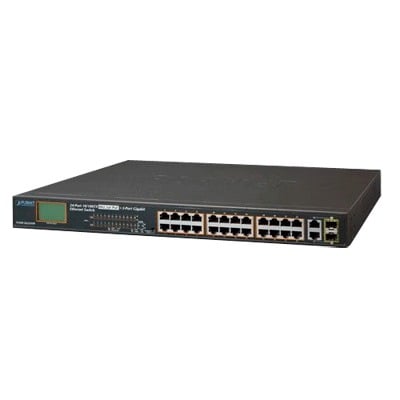 FGSW-2622VHP|Switch No Administrable 24 Puertos PoE 10/100 802.3af/at, 2 Combo TP/SFP Gigabit y Pantalla LCD para Monitoreo y Configuración Básica de PoE, Hasta 300 Watts