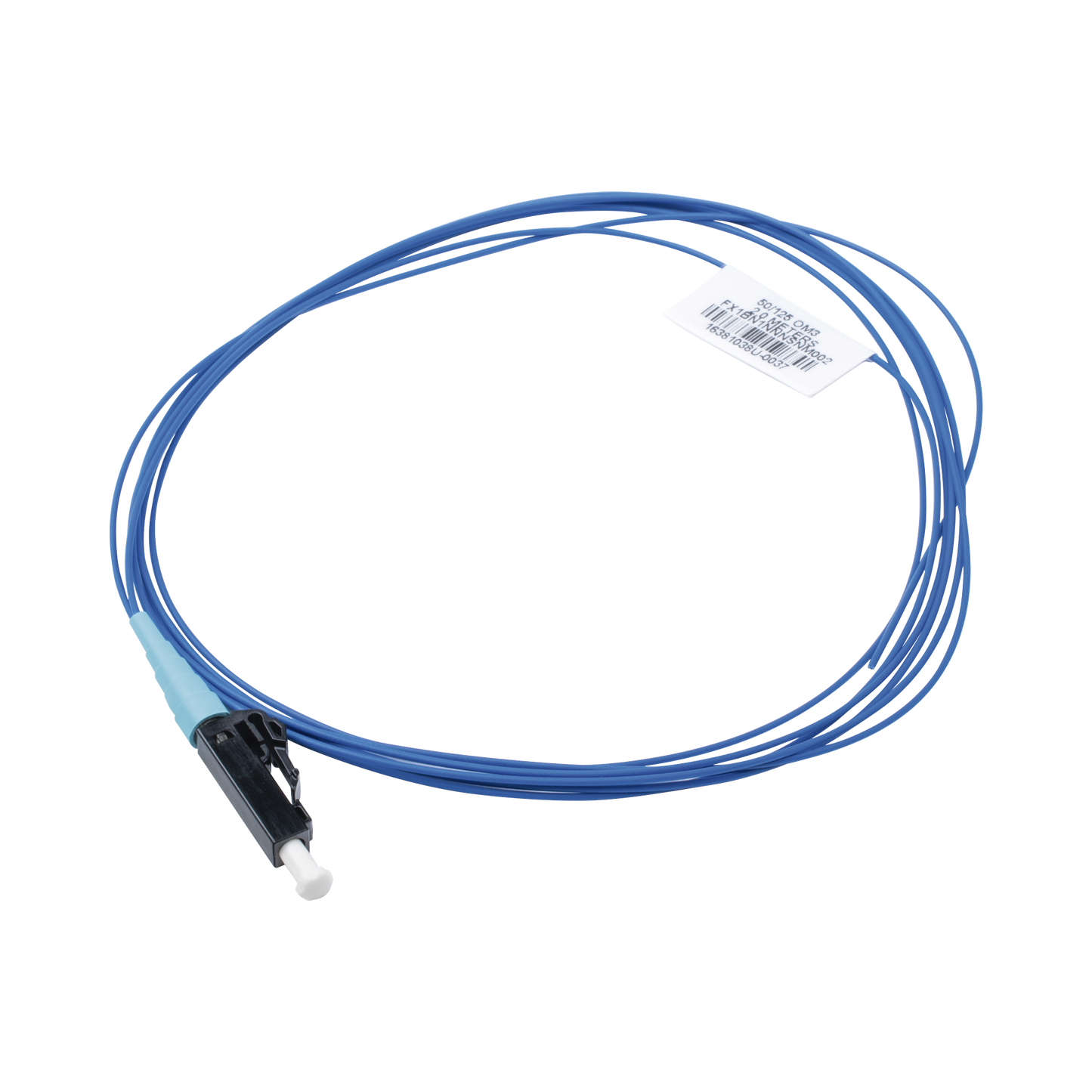 FX1BN1NNNSNM002|Pigtail de Fibra Óptica LC Simplex, Multimodo OM3 50/125, 900um, Color Aqua, 2 Metros