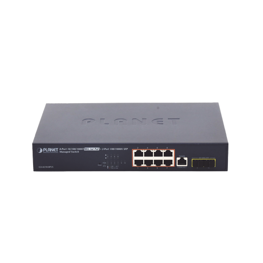 GS-4210-8P2S|Switch Administrable Capa 2 de 8 Puertos PoE 802.3af/at Gigabit 140 W Max, 2 Puertos SFP, Modo Extendido Hasta 250 m.