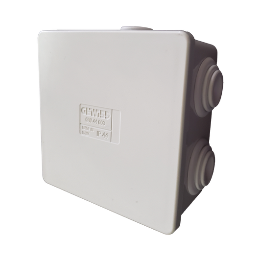 GW-44-003|Caja de derivación de PVC Autoextinguible con 6 entradas, tapa a presión, 80x80x40 MM (Medidas internas, mayor área permisible para el cable, Para instalación al exterior (IP44)