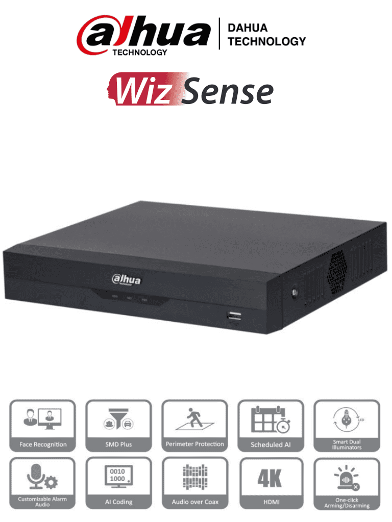 DAHUA XVR5104HS-4KL-I3 - DVR de 4 Canales 4k/ WizSense/ H.265+/ 4 Canales HDCVI+4 IP/ Hasta 8 Ch IP/ 1 Ch de Reconocimiento Facial/ Codificaci??n con IA/ SDM Plus/ 1 Ch Proteccion Perimetral/ 1 SATA de hasta 10TB/ Funciones IoT & POS/