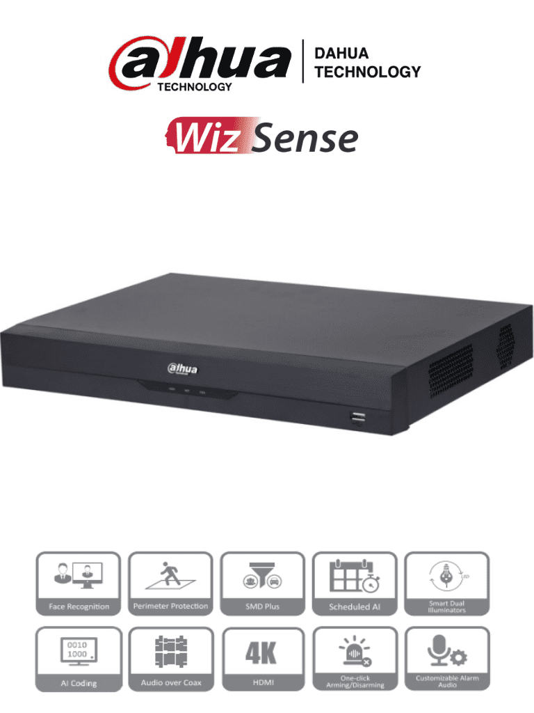 DAHUA XVR5216AN-4KL-I3 - DVR de 16 Canales 4k/ WizSense/ IA/ H.265+/ 2 Bah?¡as de Disco Duro/ 16 Ch HDCVI + 16 IP (Hasta 32 IP)/ 2 Canales de Reconocimiento Facial/ SMD Plus/ Codificaci??n IA/ Funciones IoT&POS/ Audio Bidireccional/ #PromoWD