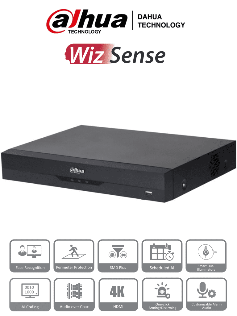 DAHUA XVR5116H-4KL-I3 - DVR de 16 Canales 4k/ 8 Megapixeles/ WizSense/ IA/ H.265+/ 16 Canales + 16 IP/ Hasta 32 Ch IP/ 2 Canales de Reconocimiento Facial/ SDM Plus/ Codificaci??n con IA/ 1 Bah?¡a de Disco Duro/ Funciones IoT & POS/