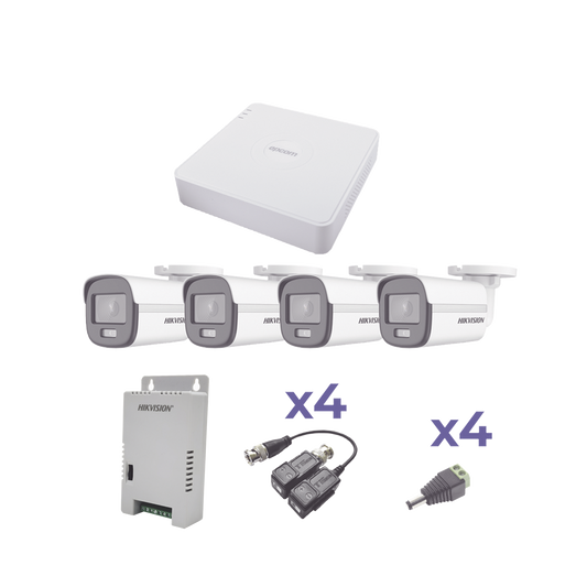 KESTXLT4BC|KIT COLORVU TURBOHD 1080p Lite / DVR 4 Canales / 4 Cámaras Bala (exterior 2.8 mm) / Transceptores / Conectores / Fuente de Poder Profesional