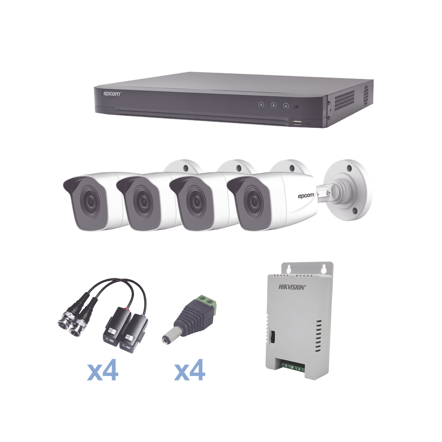 KEVTX8T4BW|KIT TurboHD 1080p / DVR 4 Canales / 4 C?ímaras Bala Met?ílicas (exterior 2.8 mm) / Transceptores / Conectores / Fuente de Poder Profesional