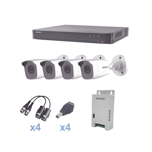 KEVTX8T4BW|KIT TurboHD 1080p / DVR 4 Canales / 4 C?ímaras Bala Met?ílicas (exterior 2.8 mm) / Transceptores / Conectores / Fuente de Poder Profesional