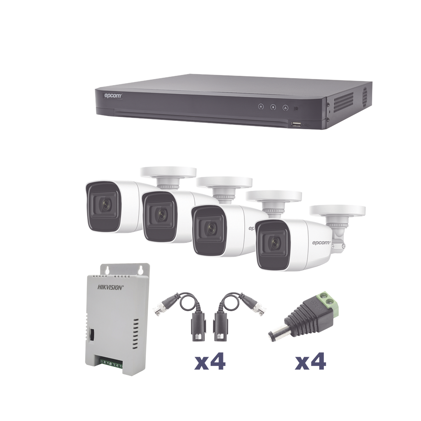KEVTX8T4BW/A|KIT TurboHD 1080p / DVR 4 Canales / 4 C?ímaras Bala Policarbonato con Audio Integrado (exterior 2.8 mm) / Transceptores / Conectores / Fuente de Poder Profesional
