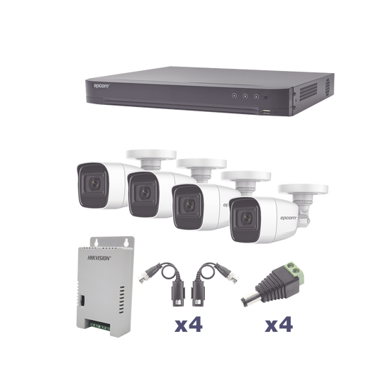 KEVTX8T4BW/A|KIT TurboHD 1080p / DVR 4 Canales / 4 C?ímaras Bala Policarbonato con Audio Integrado (exterior 2.8 mm) / Transceptores / Conectores / Fuente de Poder Profesional