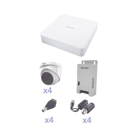 KEVTX8T4EG/A|KIT TurboHD con Audio 1080p / DVR 4 Canales / 4 Cámaras Domo (exterior 2.8 mm) / Transceptores / Conectores / Fuente de Poder / AUDIO POR COAXITRON