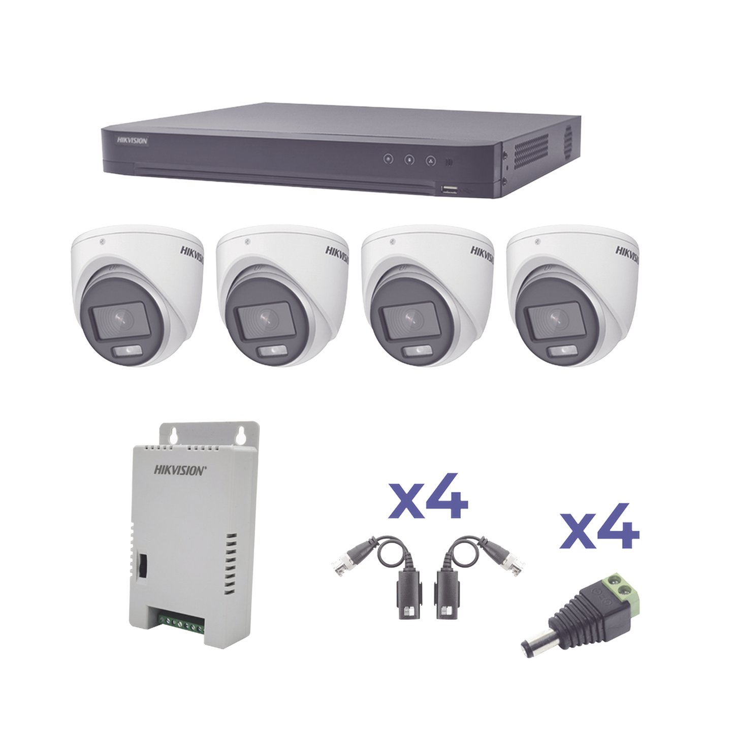 KH1080P4EC|KIT COLORVU TURBOHD 1080p / DVR 4 Canales / 4 Cámaras eyeball (exterior) lente 2.8mm / Fuente de poder profesional / Transceptores de video y Accesorios de corriente