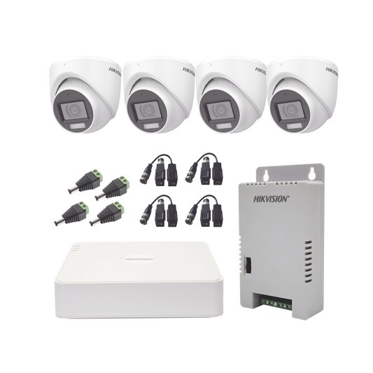 KH1080P4ESFH|KIT TurboHD 1080p / DVR 4 Canales con audio por coaxitron / 4 Cámaras con Micrófono y  106° Visión/  luz blanca + IR visión nocturna  / Transceptores / Conectores / Fuente de Poder Profesional