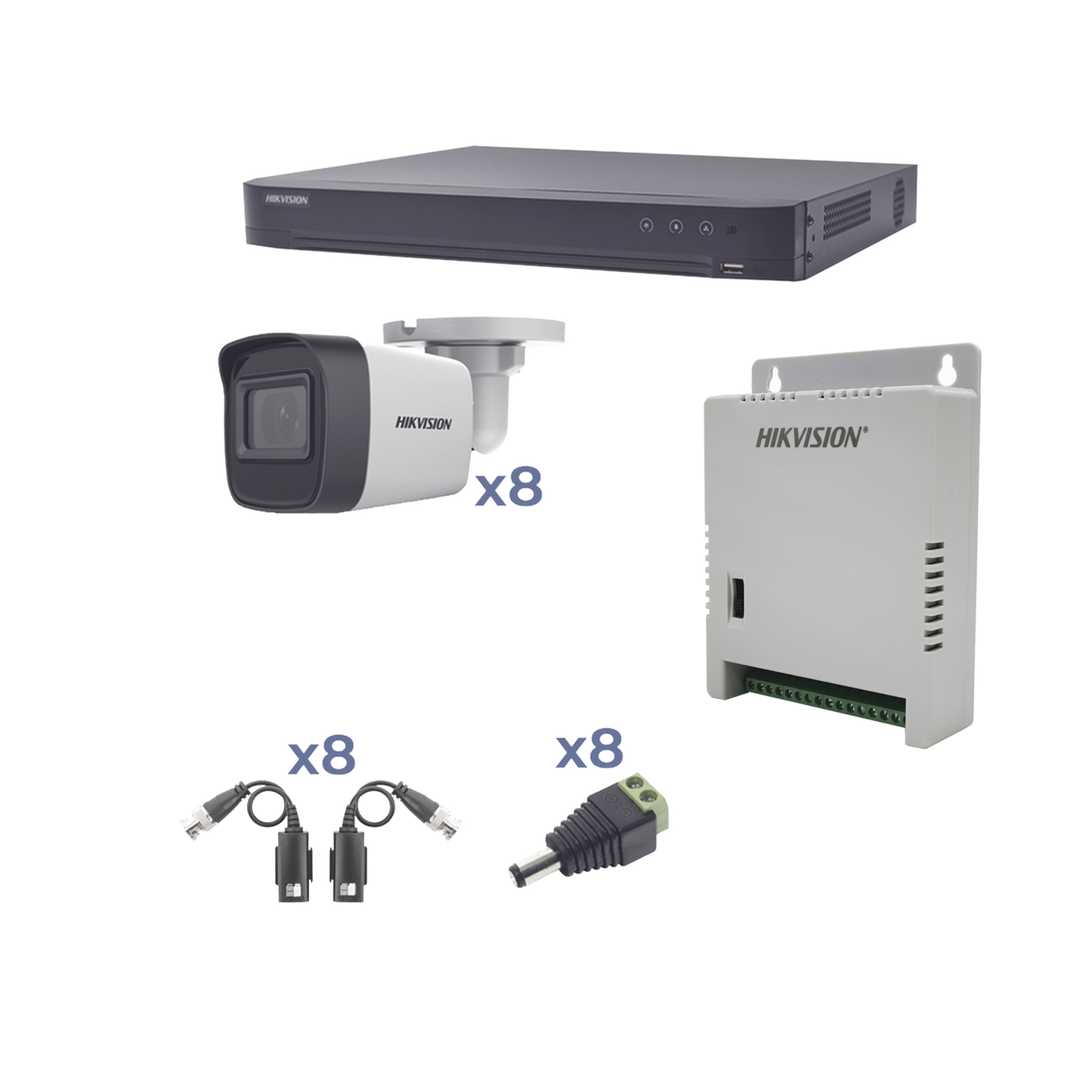 KH1080P8BW|KIT TurboHD 1080p / DVR 8 Canales / 8 Cámaras Bala (exterior 2.8 mm) / Transceptores / Conectores / Fuente de Poder Profesional hasta 15 Vcc para Larga Distancia
